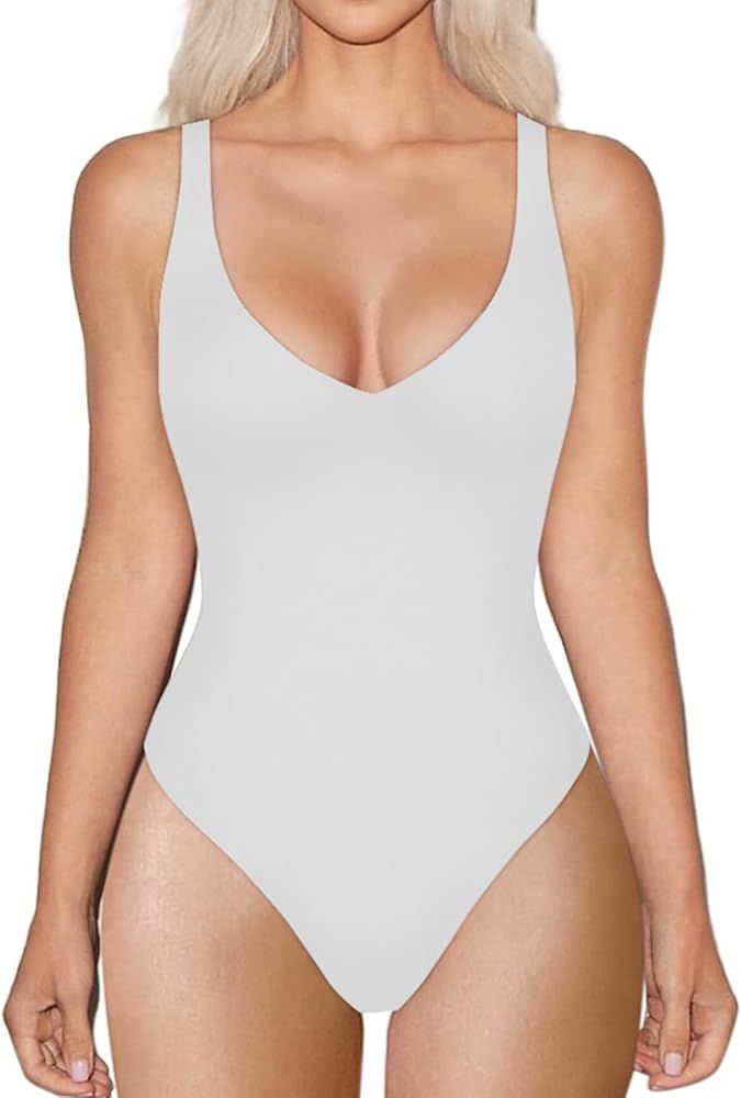 REORIA Women's Sexy Plunge V Neck Sleeveless Seamless Double Lined Tank Bodysuit Tops | Amazon (US)