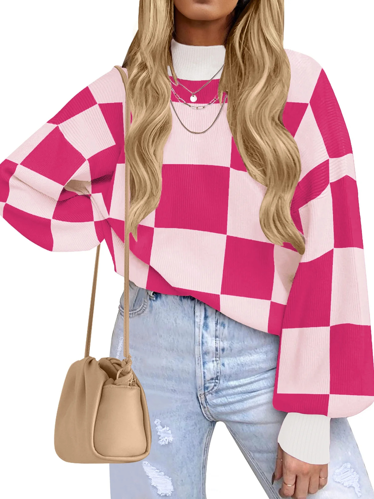 MOSHU Oversized Sweaters for Women Drop Shoulder Plaid Colorblock Tops Fall Crewneck Pullover Swe... | Walmart (US)