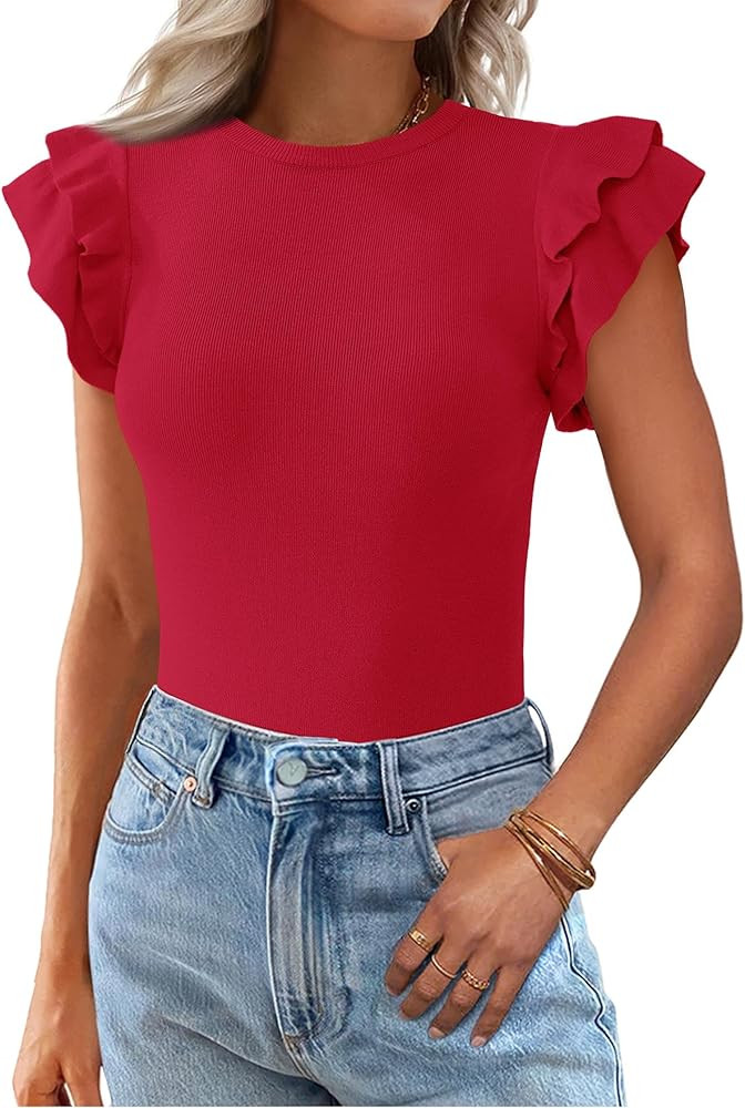 KIRUNDO Summer Sweaters for Women Lightweight 2025 Fall Ruffle Short Sleeve Business Casual Tops ... | Amazon (US)