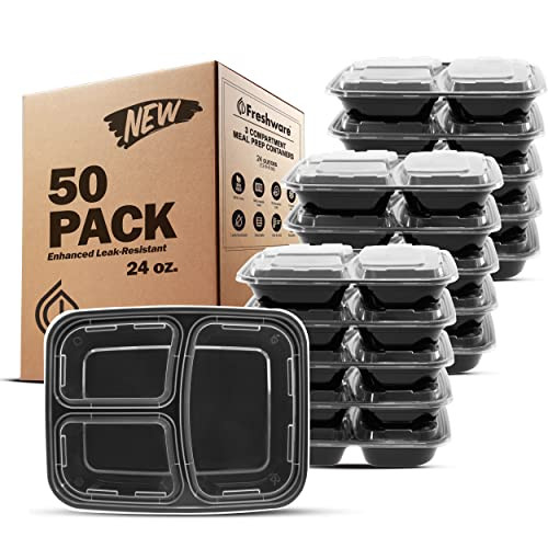 Freshware Meal Prep Containers [50 Pack] 3 Compartment Food Storage Containers with Lids, Bento Box, BPA Free, Stackable, Microwave/Dishwasher/Freezer Safe (24 oz) | Amazon (US)