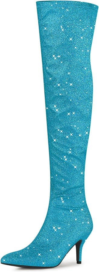 Allegra K Women's Glitter Pointed Toe Stiletto Heel Over the Knee Thigh High Boot | Amazon (US)