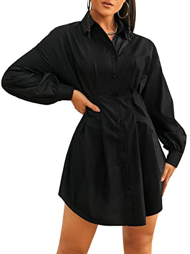 GORGLITTER Women's Button Up Long Sleeve Mini T Shirt Dress Lapel Collar Pleated Flared Short Dre... | Amazon (US)