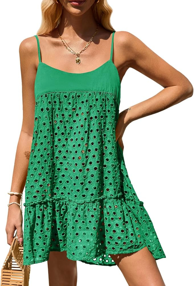 Saodimallsu Womens Summer Beach Cover Up Dress Spaghetti Strap Eyelet Casual Sleeveless Tie Back ... | Amazon (US)