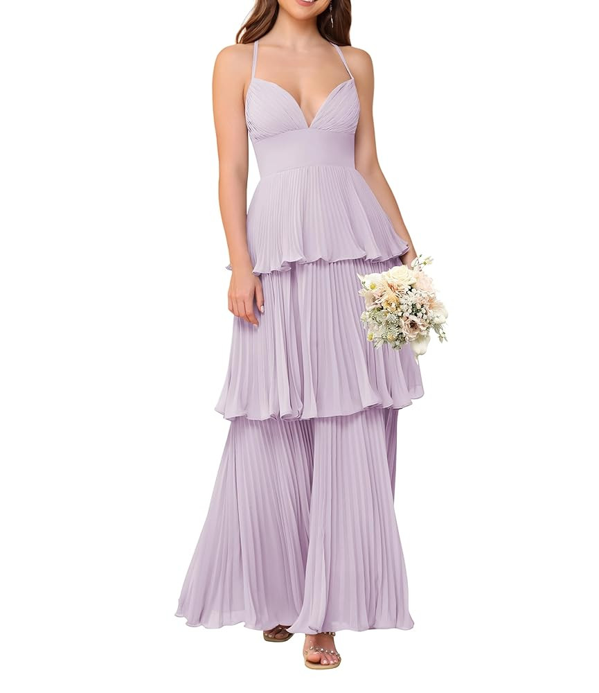 Women Chiffon Bridesmaid Dresses Spaghetti Straps Tiered Pleats Summer Formal Wedding Guest Dress... | Amazon (US)