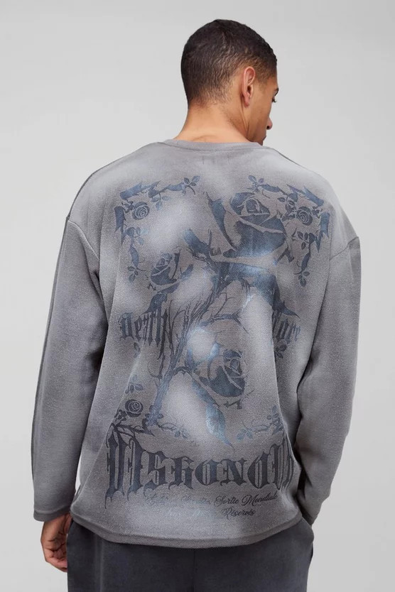 Oversized Distressed Reverse Loopback Gothic Print Long Sleeve Spray Wash T-Shirt | boohooMAN (DE, IE & UK)