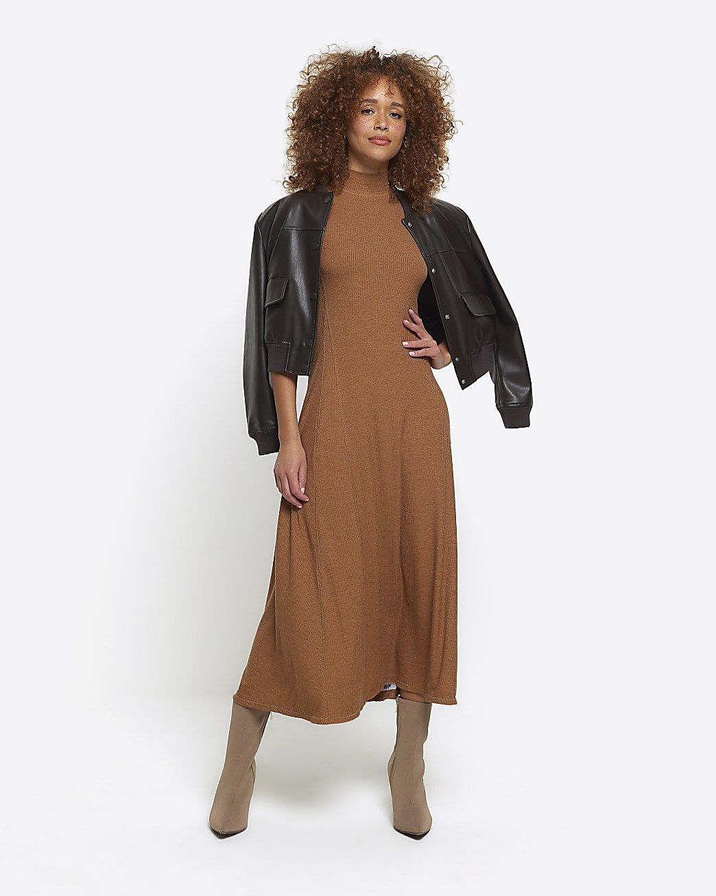 Brown rib high neck bodycon midi dress | River Island (UK & IE)