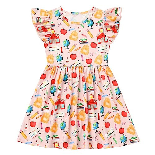 IDOPIP Back to School Dress for Girls Toddler Baby Apple Pencil Print Casual School Dresses Ruffle Summer Back to School Outfits for First Day of School Party Clothes Pink Pencil Globe 5-6 Years | Amazon (US)