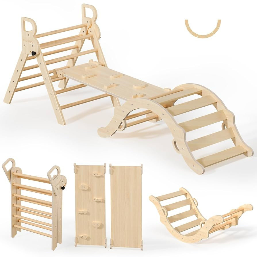 BlueWood Pikler Triangle Set, Toddler Wooden Climbing Toys Indoor 7in1 Climber, Foldable Kids Cli... | Amazon (US)