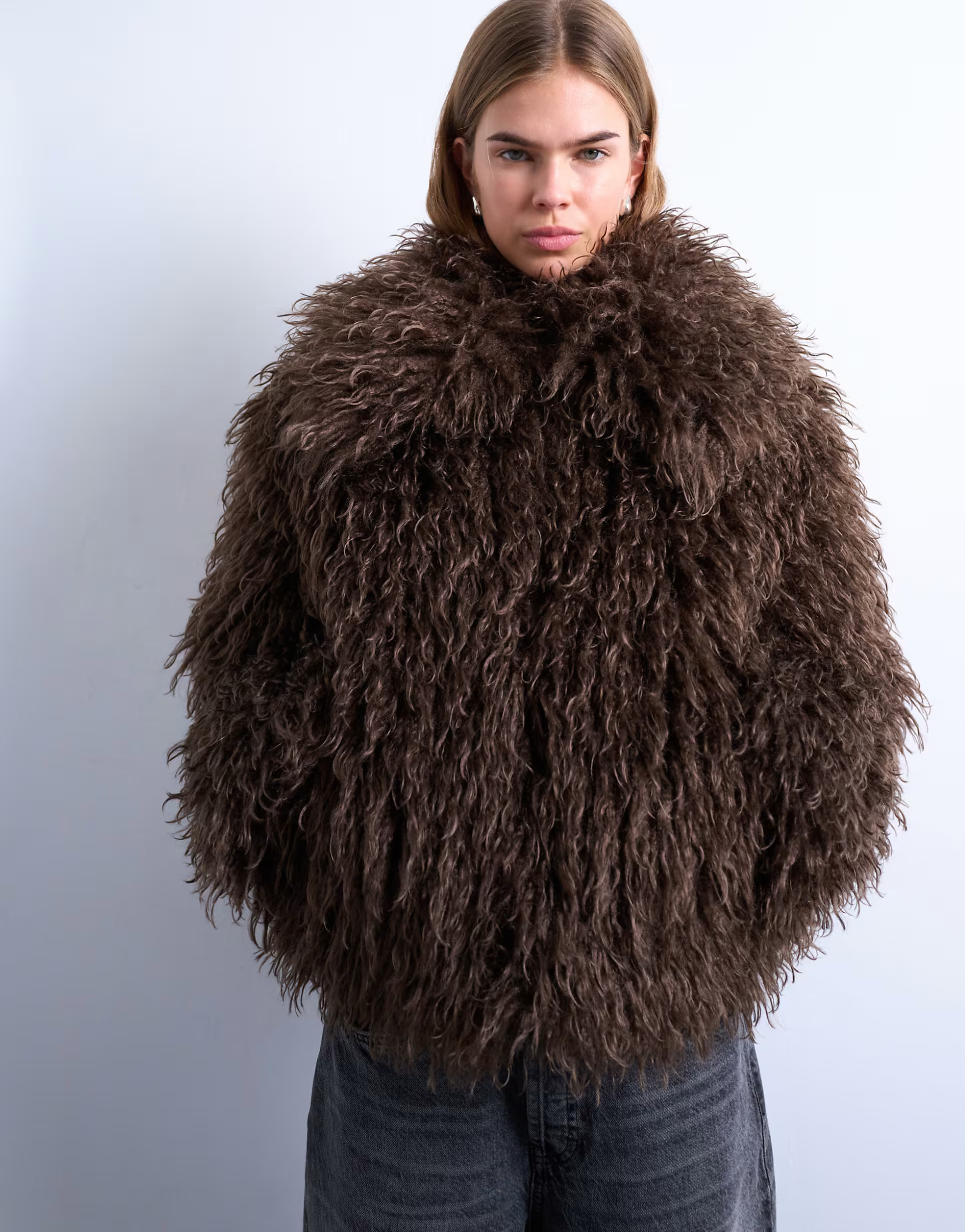 Topshop faux mongolian fur bomber coat in chocolate | ASOS (Global)