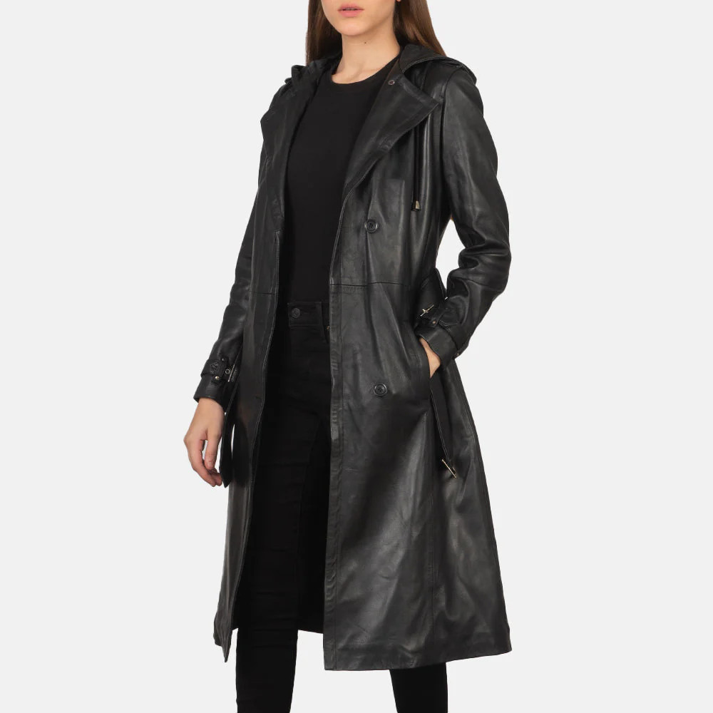 Women's Fixon Hooded Black Trench Coat | The Jacket Maker