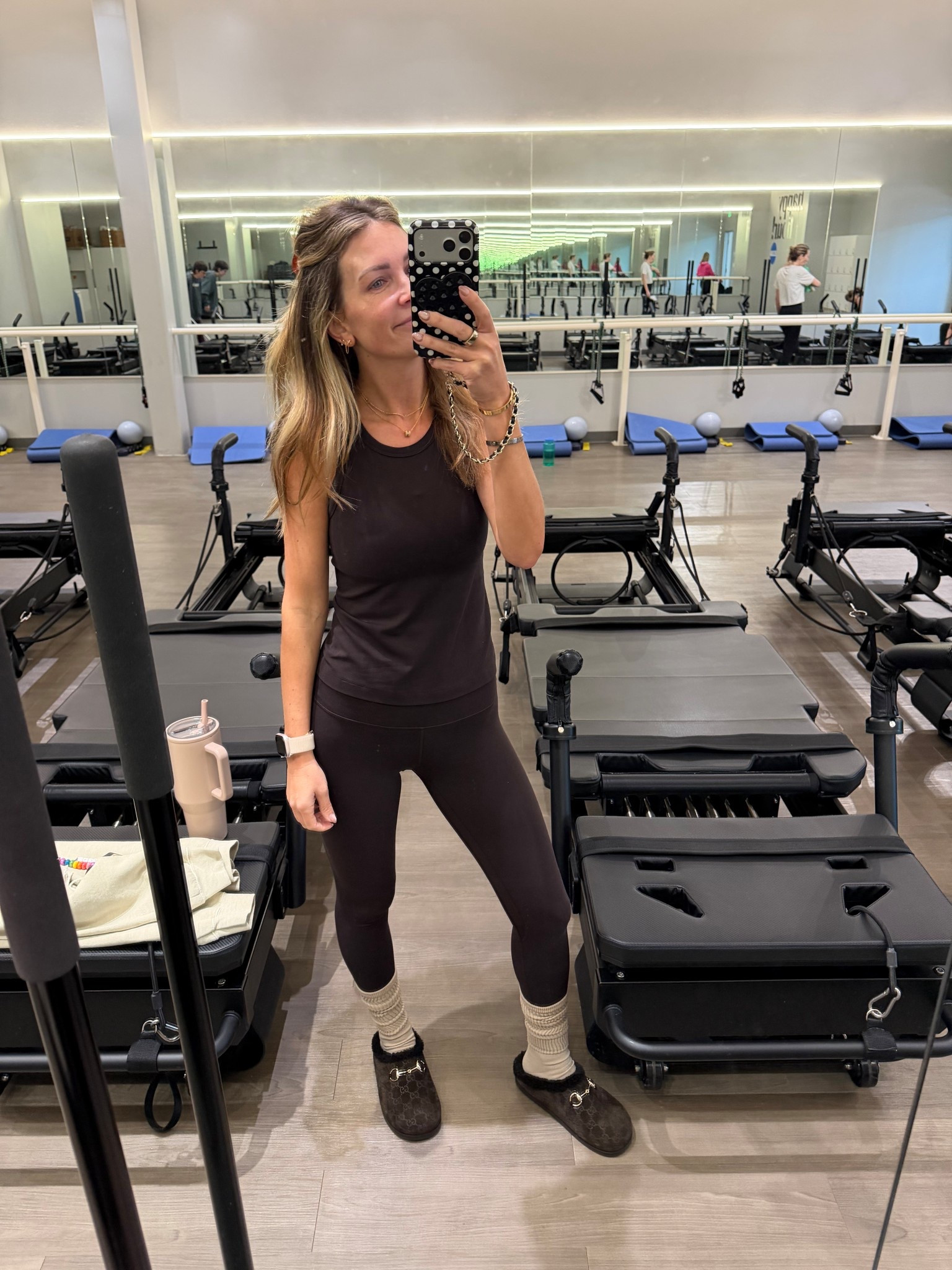 Pilates outfit! 
Lululemon tank size 6 
Like a cloud bra size 6
Leggings size 4
Gucci clogs 
Amazon grip socks 

#LTKOver40 #LTKPetite #LTKActive