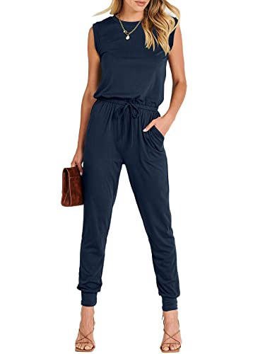 ANRABESS Women’s Summer Crewneck Sleeveless Casual Dressy Loose Stretchy Jumpsuits Rompers 2025 Trendy Outfits Navy Blue XX-Large | Amazon (US)