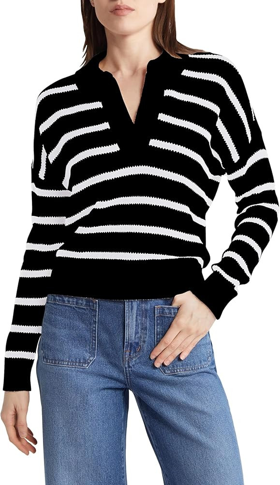 Womens Striped Pullover Long Sleeve V Neck Collar Knit Polo Sweater Casual Top | Amazon (US)