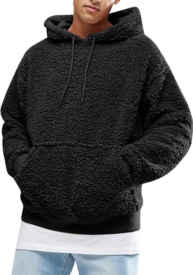 Mens Fuzzy Sherpa Pullover Hoodie Sweatshirts Long Sleeve Sport Front Pocket Fall Outwear Winter ... | Amazon (US)