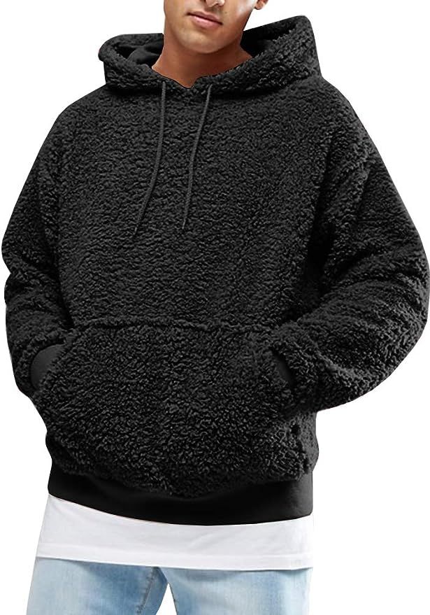 Mens Fuzzy Sherpa Pullover Hoodie Sweatshirts Long Sleeve Sport Front Pocket Fall Outwear Winter ... | Amazon (US)