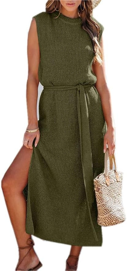 Asskdan Womens Elegant Solid A-Line Sleeveless Slit Midi Sweater Knit Dress with Belt | Amazon (US)