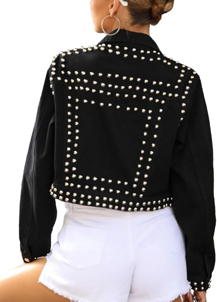 Women's Fashion Cropped Denim Jacket Lapel Short Sleeve Distressed Western Studded Jean Jacket Co... | Amazon (US)