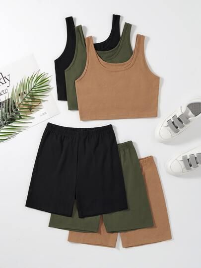 Solid Scoop Neck 3pcs Tank Top & 3pcs Biker Shorts | SHEIN