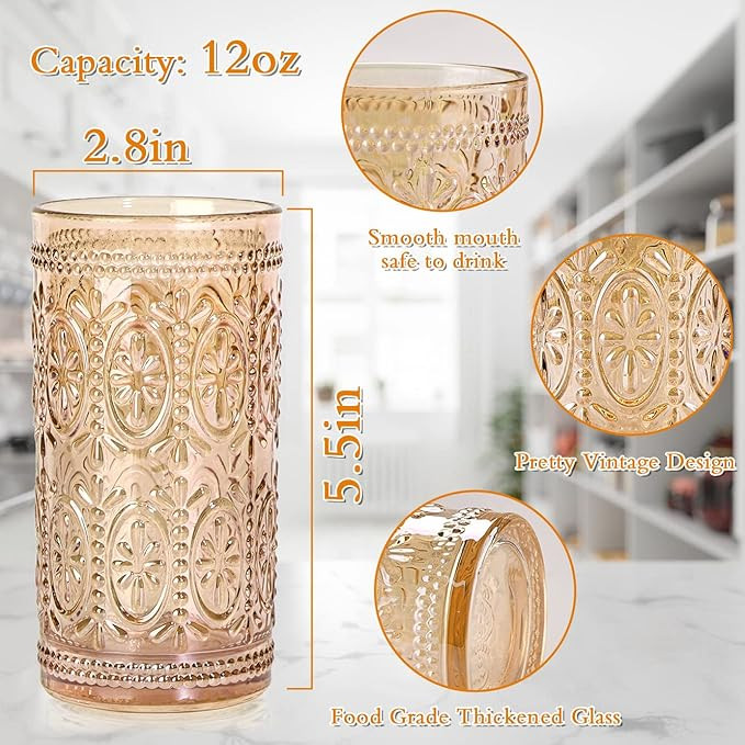 6 Pack Highball Beverage Glass Cup, 12oz Amber Glassware Drinking, Vintage Embossed Drinking Glas... | Amazon (US)
