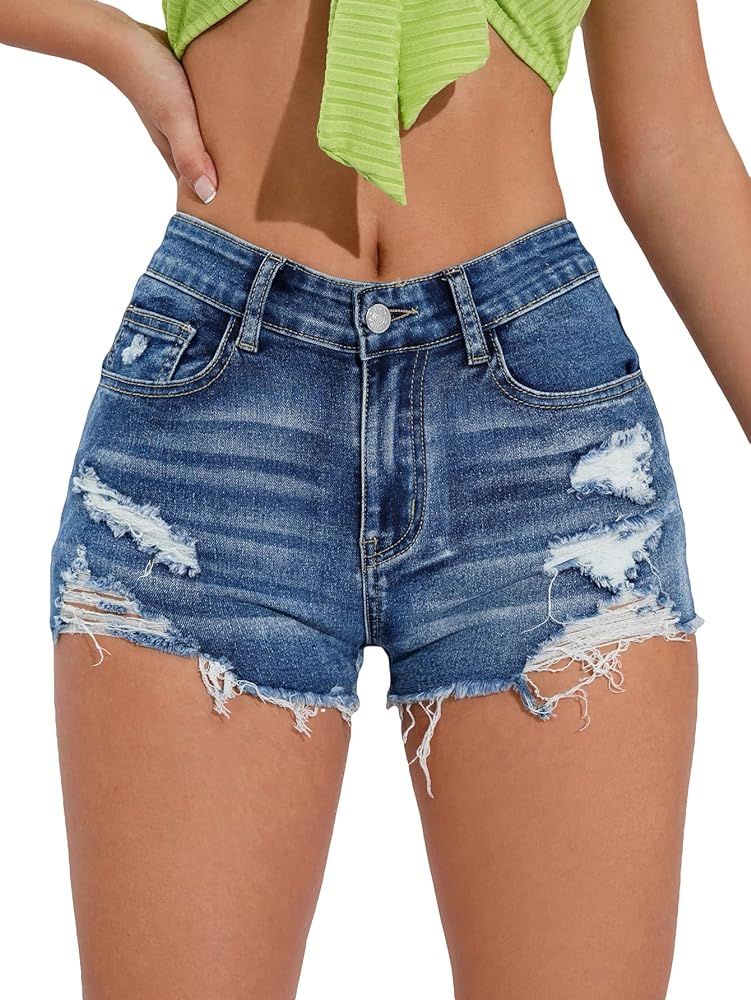 Verdusa Women's Ripped Distressed Skinny Denim Shorts | Amazon (US)