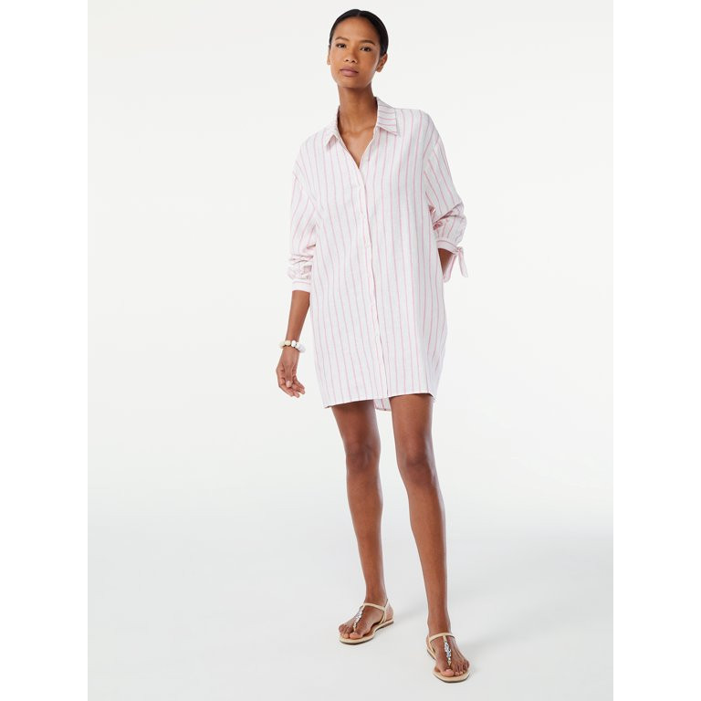 Scoop Women's Linen Blend Shirt Dress with Tie Sleeve Cuffs | Walmart (US)