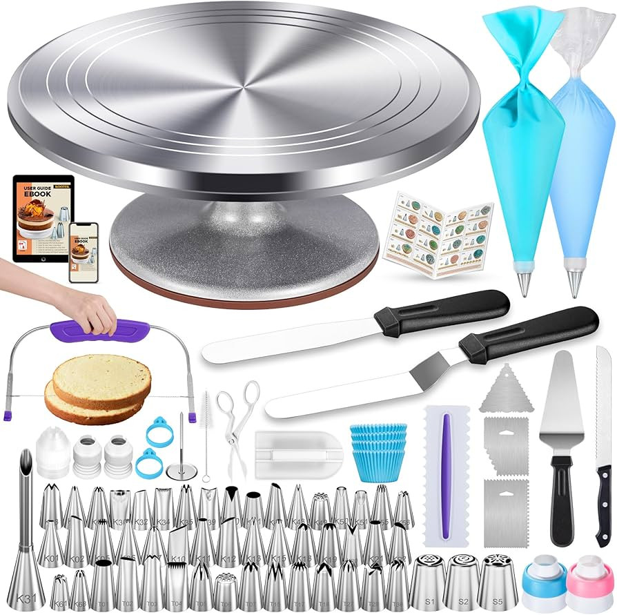 Kootek 253 Pcs Cake Decorating Kit, 12" Aluminum Alloy Cake Turntable, 48 Numbered Icing Tips, 3 ... | Amazon (US)