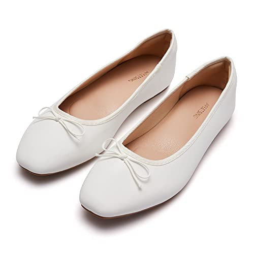 AFEETSING Women's Round Toe Ballet Flats Comfortable Bow Dressy Flats Shoes for Women (A-White, Numeric_7_Point_5) | Amazon (US)