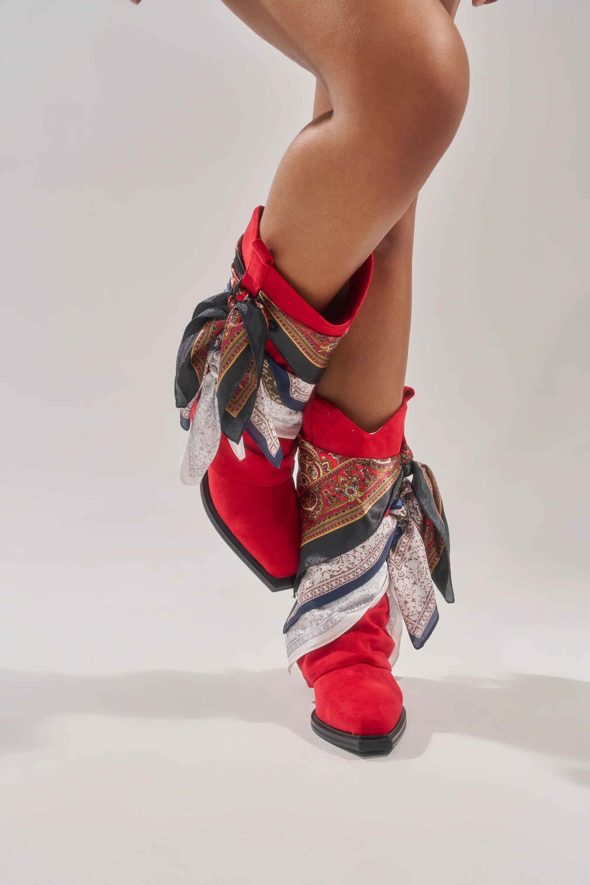 AZALEA WANG COBALT RED FAUX SUEDE SCARF EMBELLISHED WESTERN BOOTIE | AKIRA
