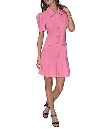 KARL LAGERFELD PARIS Scuba Crepe Point Collar Neck Short Sleeve Button Front Shirt Mini Dress - 6 | Dillard's