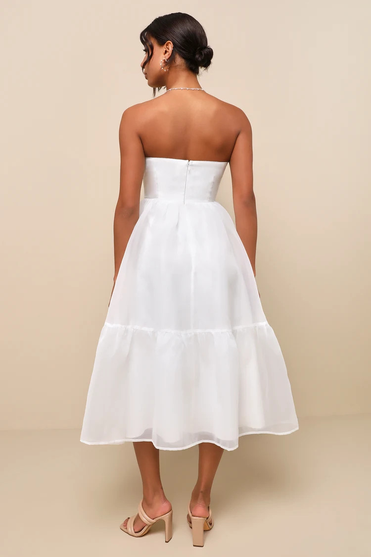 Elegant Dedication White Organza Strapless Tiered Midi Dress | Lulus