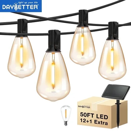 DAYBETTER 50ft Solar Outdoor String Lights, with 12 Edison Vintage Shatterproof Bulbs, ST38 Waterproof Hanging Lights, Dimmable Lights for Yard, Patio, Canopy | Walmart (US)
