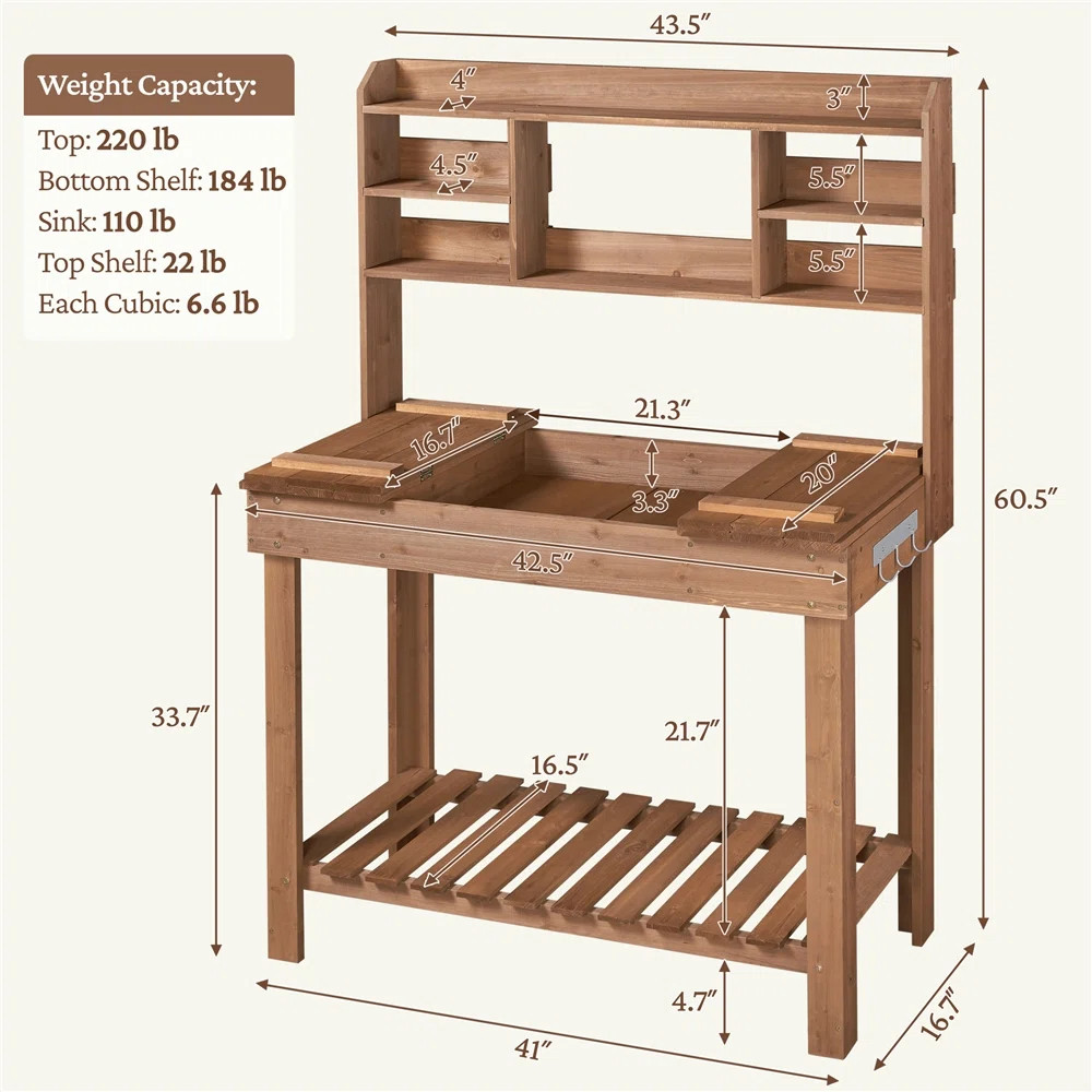 Kubilay Fir Potting Bench with Display Rack | Wayfair North America