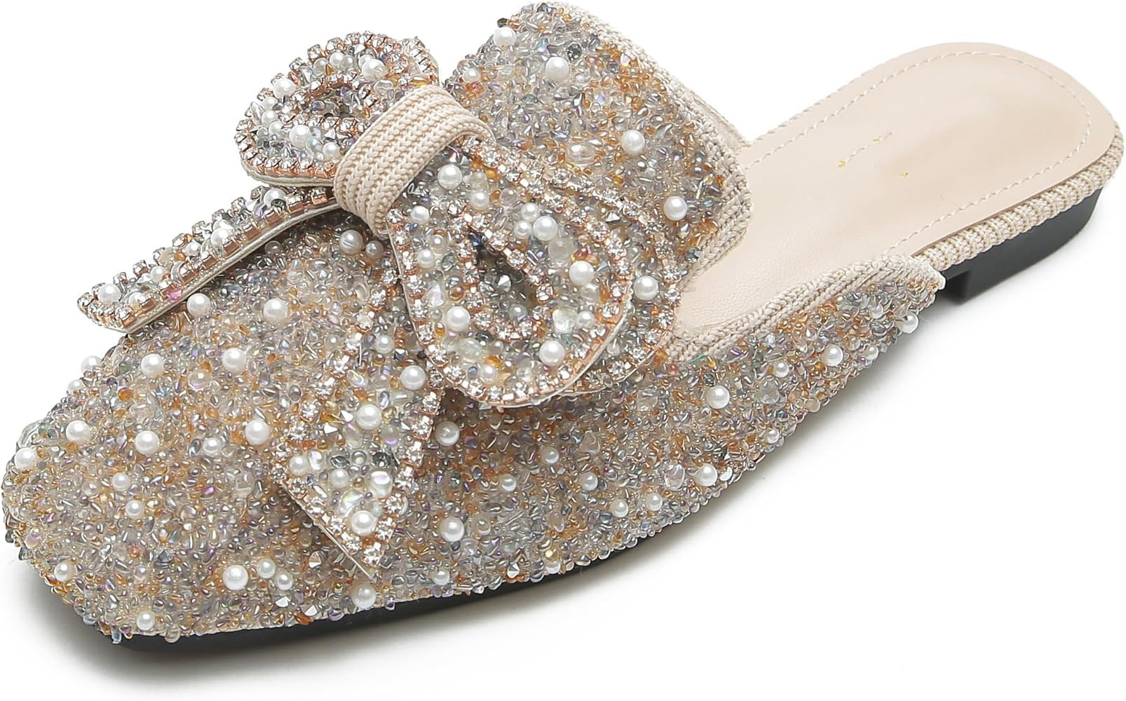 SAFECAMS Women's Rhinestone Bow Flat Mules Comfortable Square Toe Slip on Penny Loafers Ladies Ba... | Amazon (US)