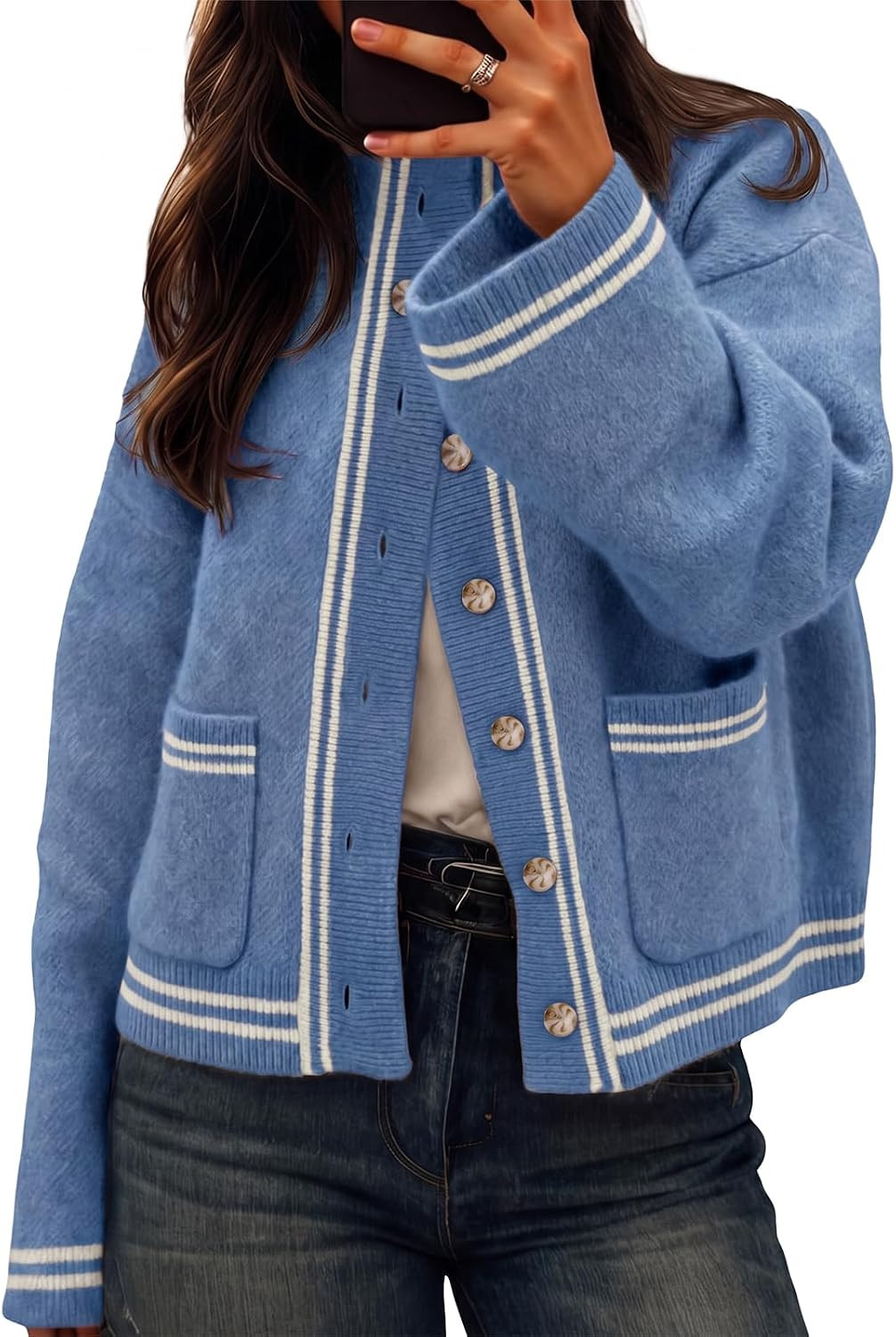 Cicy Bell Womens Chunky Knit Cardigan Striped Trim Mock Neck Trendy Sweater | Amazon (US)