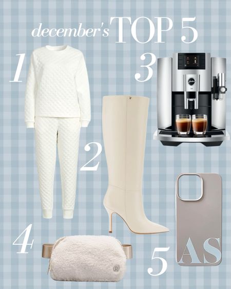 December’s Top 5 best sellers! The best quilted lounge set from Walmart (available in multiple colors!), ever so chic ivory boots, my favorite Jura espresso machine, the cult sherpa everywhere Lululemon bag and a cute personalized phone case that now has metallic letters!

#LTKunder100 #LTKshoecrush #LTKstyletip