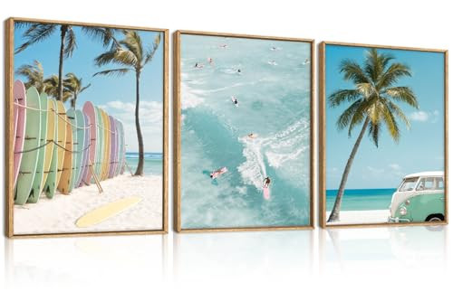 KAIRNE Ocean Beach Framed Canvas Wall Art Set, Coastal Seascape Surfboard Wall Decor, Modern Palm Tree Art Prints, Summer Surfing Blue Artwork for Living Room, Bedroom, Farmhouse, Office-12 x16 x3 | Amazon (US)