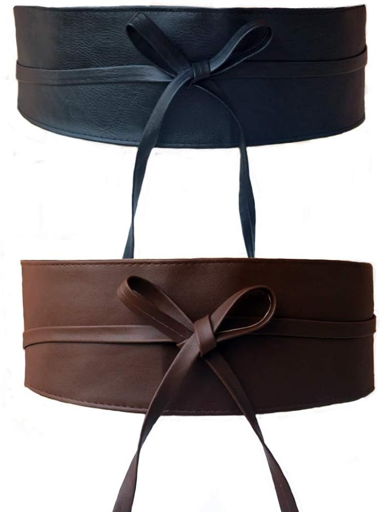Womens Leather Obi Belt Wide Waist Belt 2 PACK Fashion Leatherette Waisband Belt Dress Belt ( Bla... | Amazon (US)