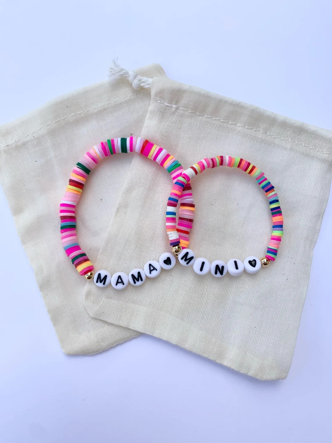 Mama & Mini Personalized Bracelet Set- Stretch with Heishi Beads and Your choice of Lettering | Etsy (US)