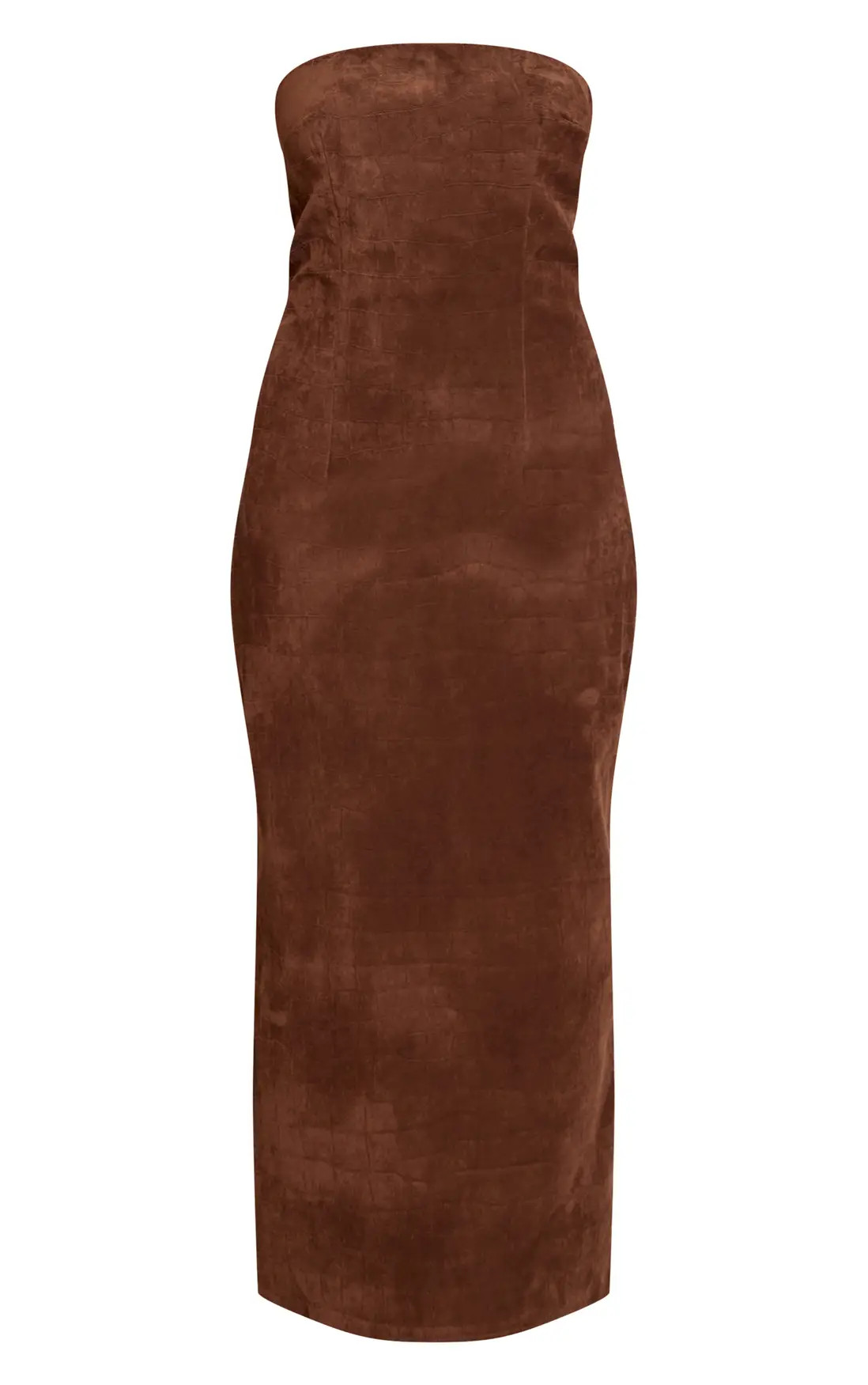 Chocolate Faux Suede Bandeau Bodycon Midaxi Dress | PrettyLittleThing USA | PrettyLittleThing US