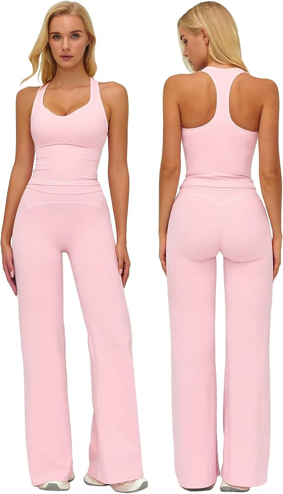 ABOCIW Two Piece Workout Sets for Women Racerback Tank Top Matching High Waist Wide Leg Yoga Pant... | Amazon (US)