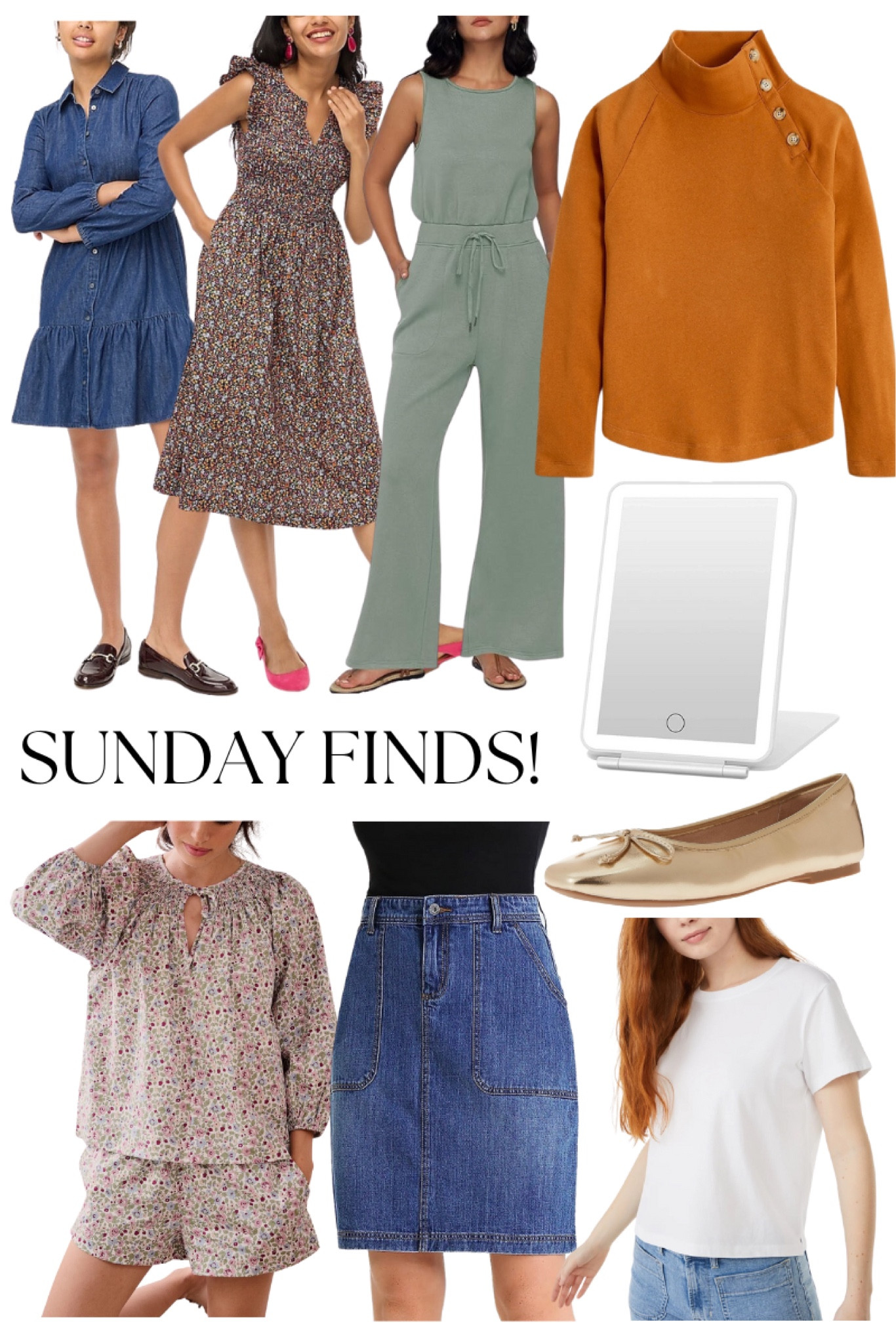 SUNDAY FINDS (on a Monday) new Jcrew factory arrivals, Amazon jumpsuit, travel mirror, new lake, denim skirt, gold flats that are beautiful and a white tee on sale for layering under cardigan sweaters for fall  

#LTKtravel #LTKunder100 #LTKshoecrush