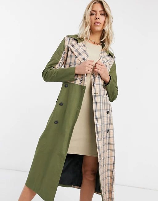 Unique21 mix& match trench in khaki & check | ASOS (Global)