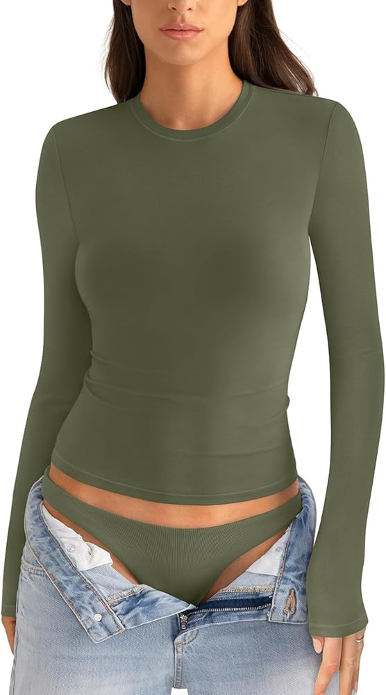 Womens Cotton Long Sleeve Shirts Crew Neck Fitted Basic Going Out Outfits Undershirt Spring Fall ... | Amazon (US)
