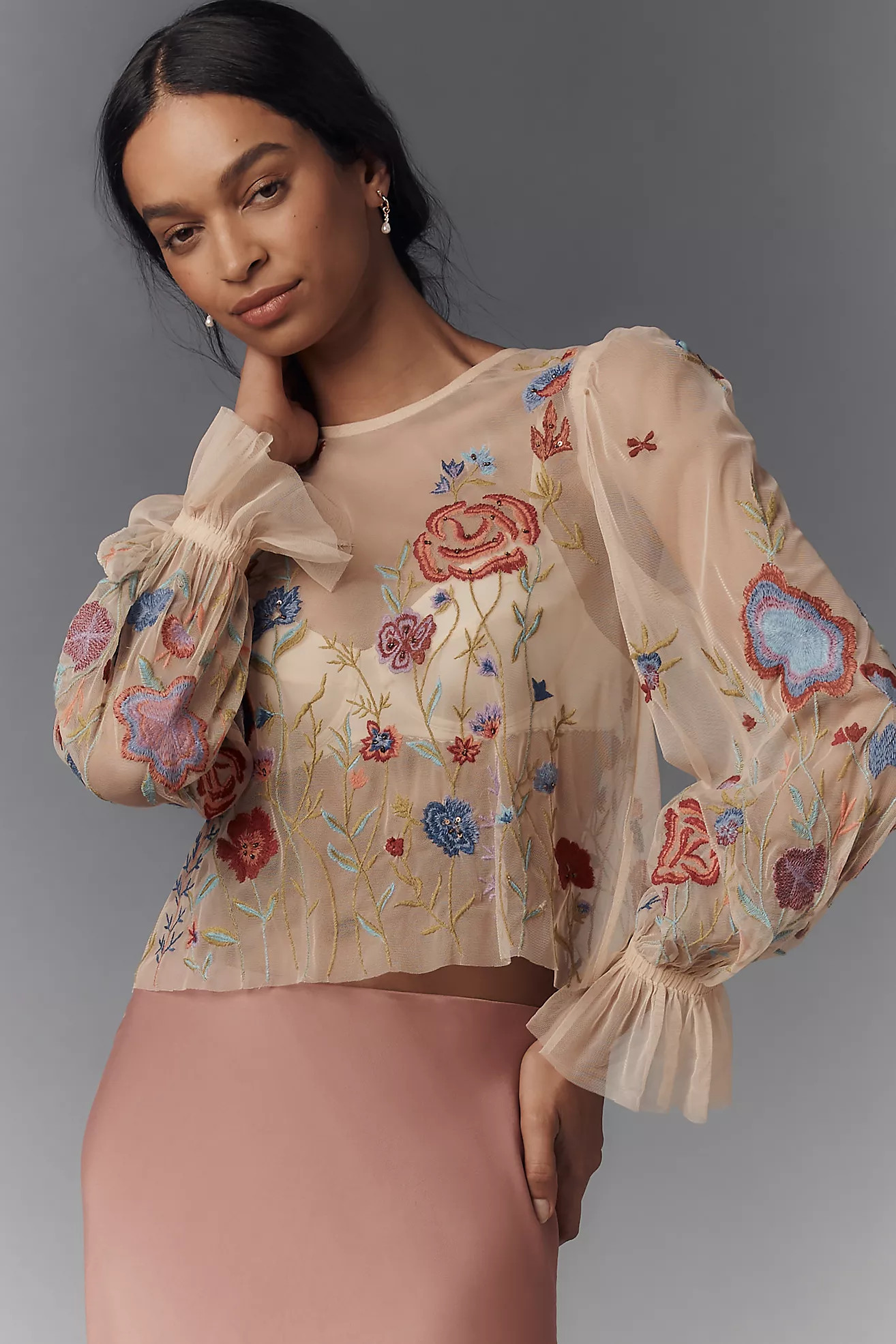 The Layla Long-Sleeve Appliqué Mesh Blouse | Anthropologie (US)
