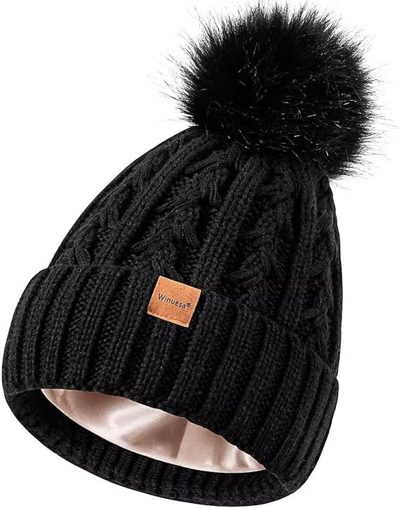 Winuesa Satin Lined Beanie for Women with Pom Pom, Fashionable Womens Winter Hats Silk Beanies, C... | Amazon (US)