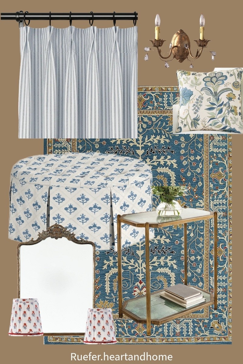 The pieces that I’ve used in our formal living room for a classic, timeless, and elevated look. Wool rug, ornate gold mirror, custom tufted round ottoman with skirt, custom linen stripe curtains, floral pillow cover, antiqued glass and metal side table, pleated block print chandelier lampshades 

#LTKHome #LTKSaleAlert #LTKFindsUnder100