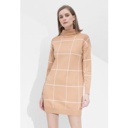 Warm Welcome Grid Turtleneck Sweater Dress in Tan | Chicwish