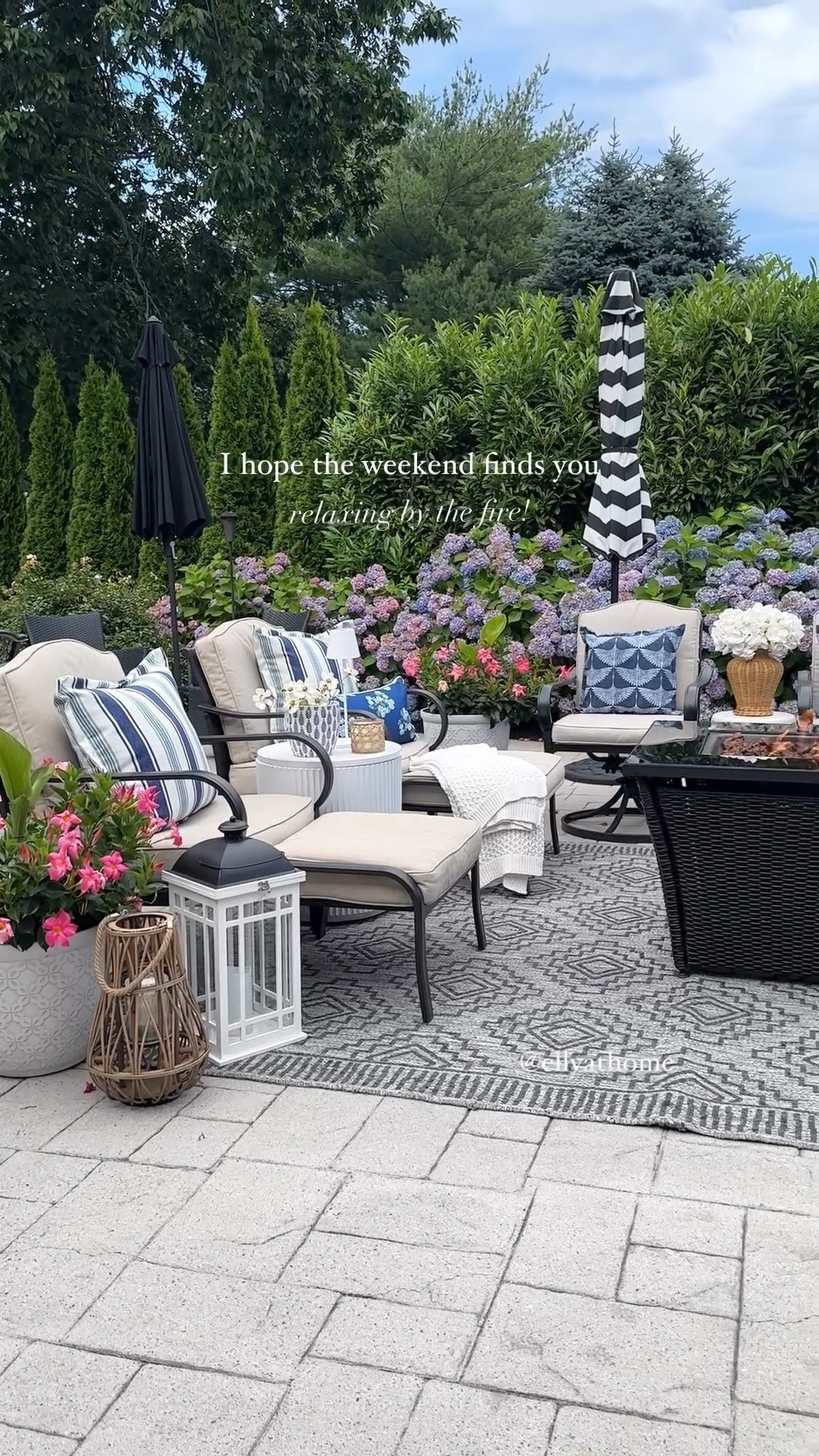 Summer patio! Shop new blue throw pillows, lightweight planters, outdoor rug on sale, rattan hurricane candleholder, prosecco glasses, tray, umbrellas, stands, , patio furniture sales, rattan vase. 

#LTKHome #LTKSeasonal #LTKFindsUnder50