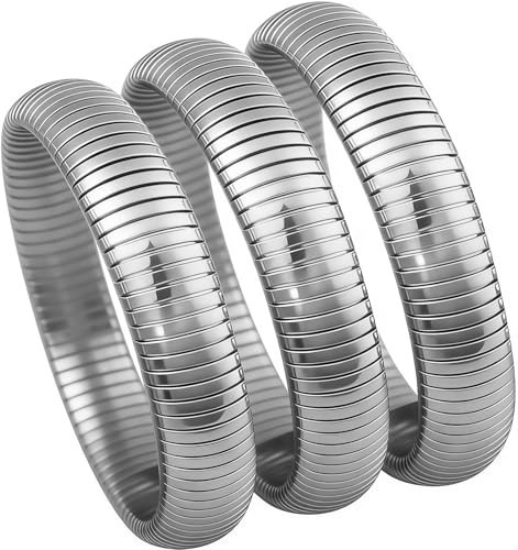 JUNYANGY Silver Bangles for Women Set of 3 Silver Chunky Stretch Bangles Bracelets 925 Silver Plated Stainless Steel Bracelets Flexible Wide Stack Bracelet Designer Look Alike Jewelry for Women | Amazon (US)