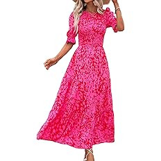 BTFBM Women Casual Summer Dresses 2025 Spring Crew Neck Ruffle Short Sleeve Floral Print Smocked ... | Amazon (US)